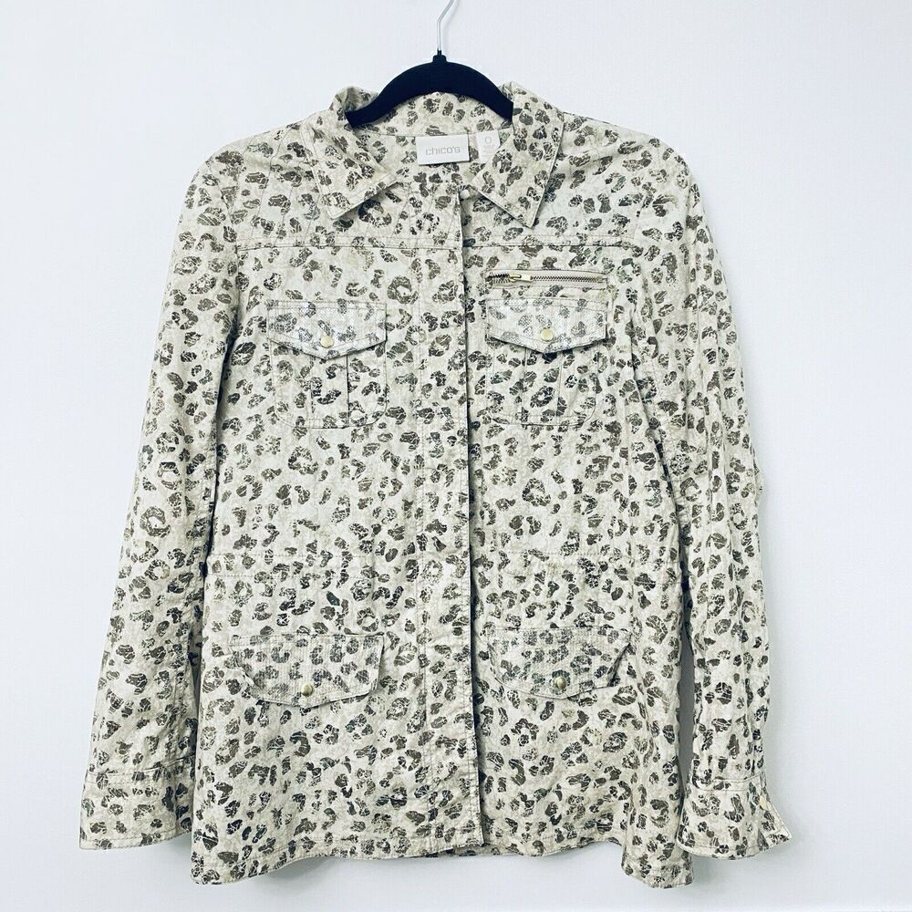 Chicos Absolutely Animal Utility Jacket Cheetah Leopard Cream Full Zip Size 0 XS
